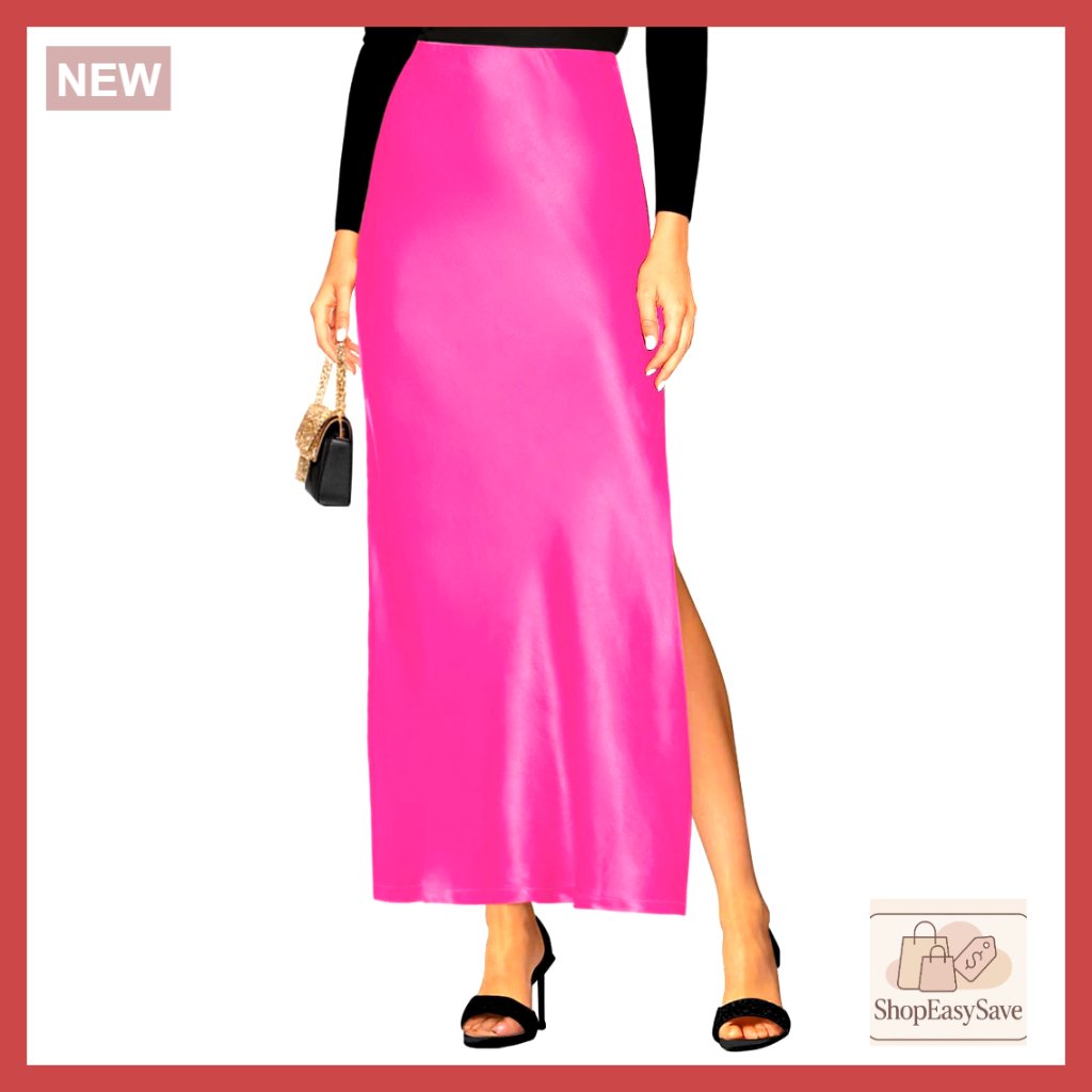 Satin Maxi Skirt High Waisted A-Line Slit Design Elegant Party Wear